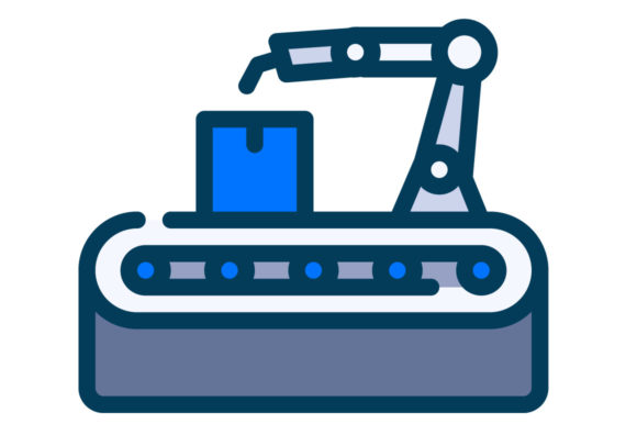 Robot Manufacture Filled Line Icon: A Practical Graphic Design Asset for Digital Sellers